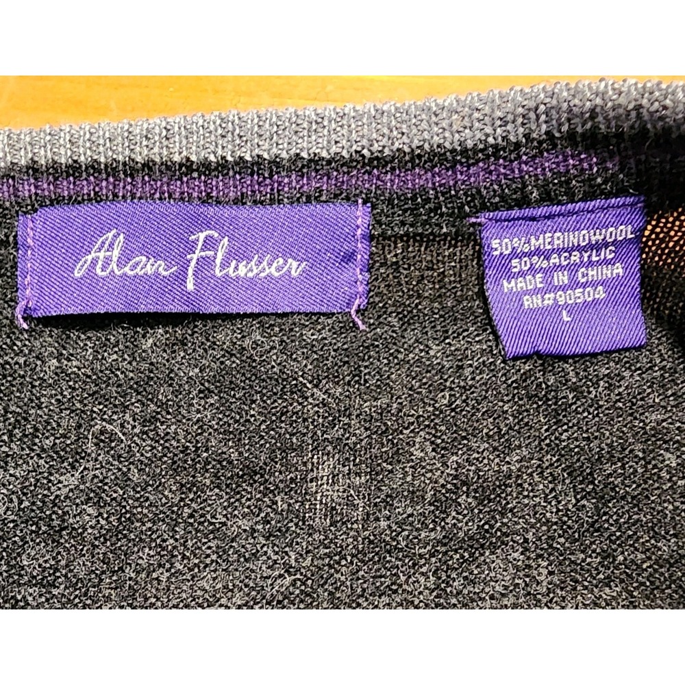 Alan Flusser Sweater Mens Large Gray Purple V Neck Merino Wool Blend Lightweight - Picture 12 of 13